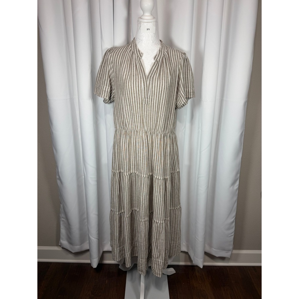 Cynthia Rowley Tan White Striped Linen Blend Tiered Midi Dress Large